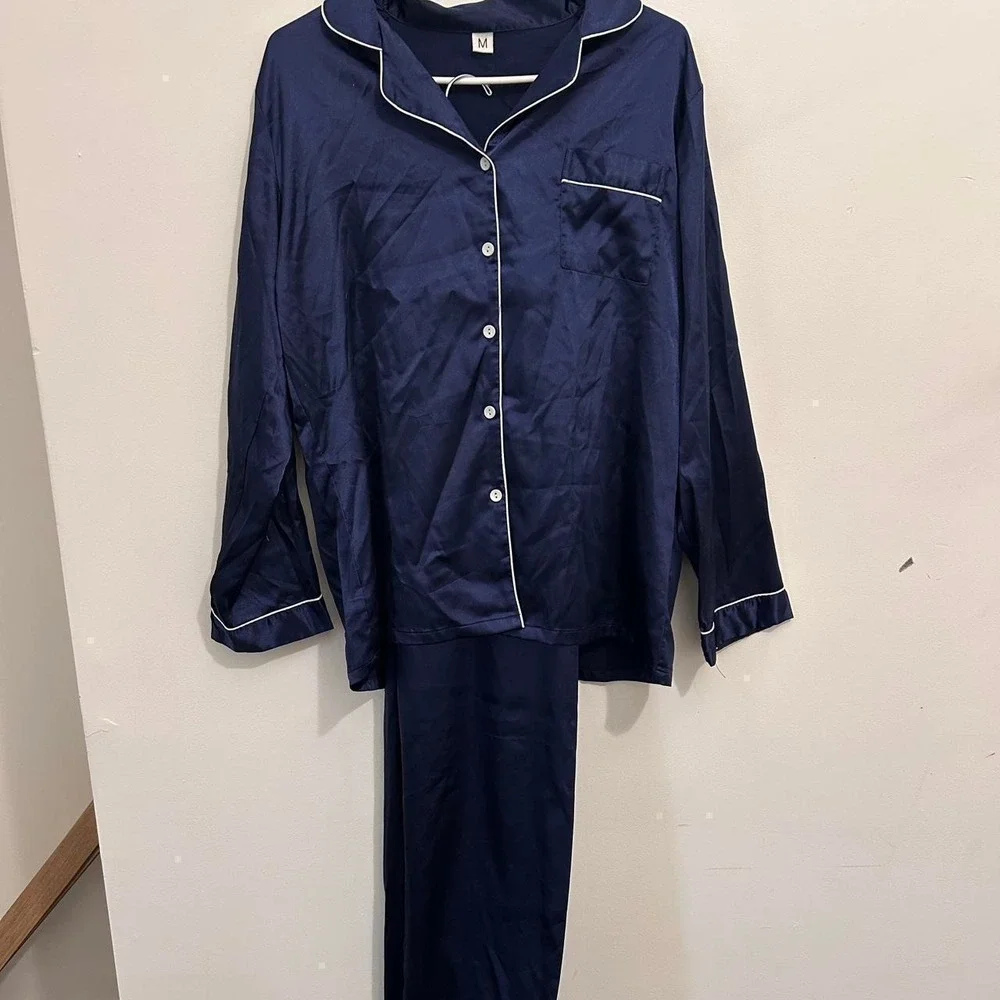 Unbranded Pajama Set Navy Blue Satin‎ Contrast Piping Size M